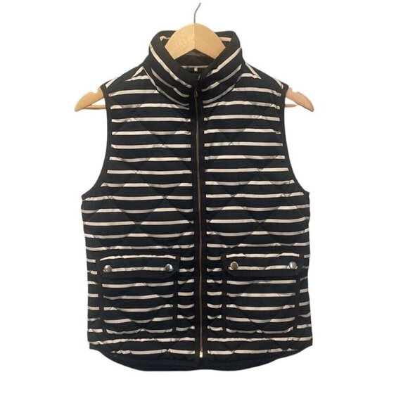 J.Crew Navy Blue White Stripe Zip Quilted Puffer Vest Down Snap Pocket Sz Xsmall - Picture 1 of 10